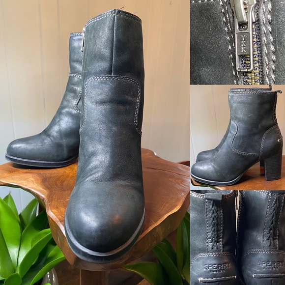 Sperry Black Leather Heeled Zippered Boots size 8 chunky heel Like new - Picture 7 of 9